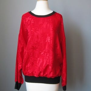 Red Satin shirt / Vtg 80s / Claudia Satin Jacquard